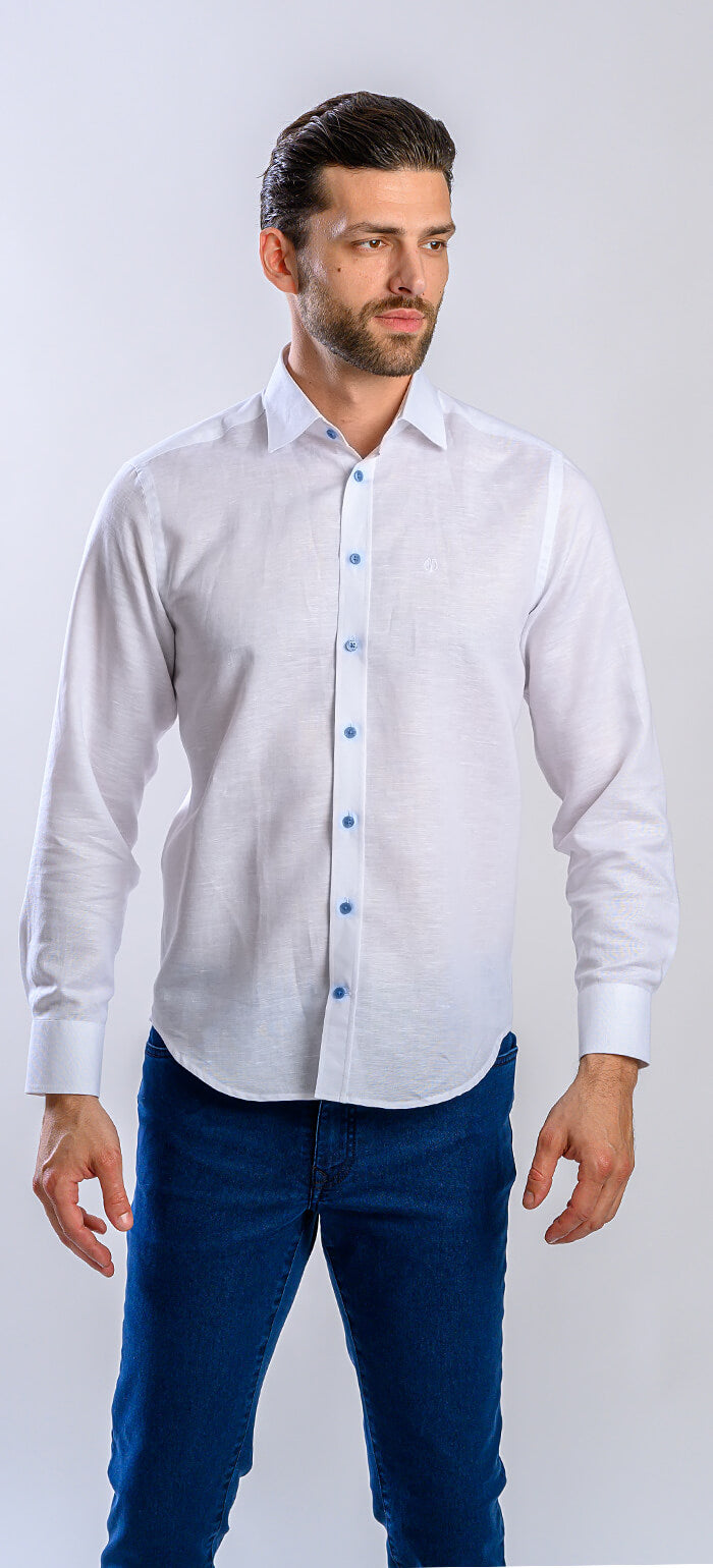 Biela ľanová Extra Slim Fit košeľa s modrými gombíkmi