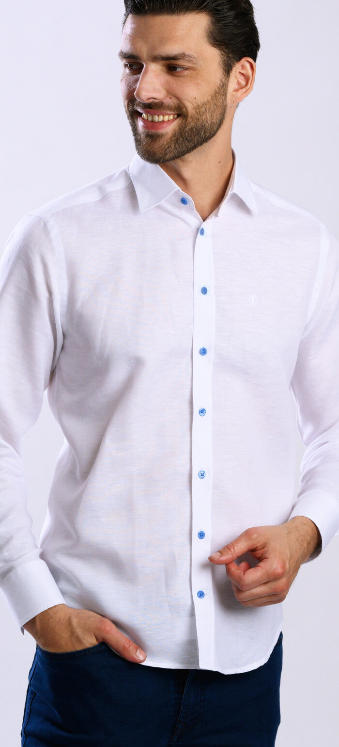 Biela ľanová Extra Slim Fit košeľa s modrými gombíkmi