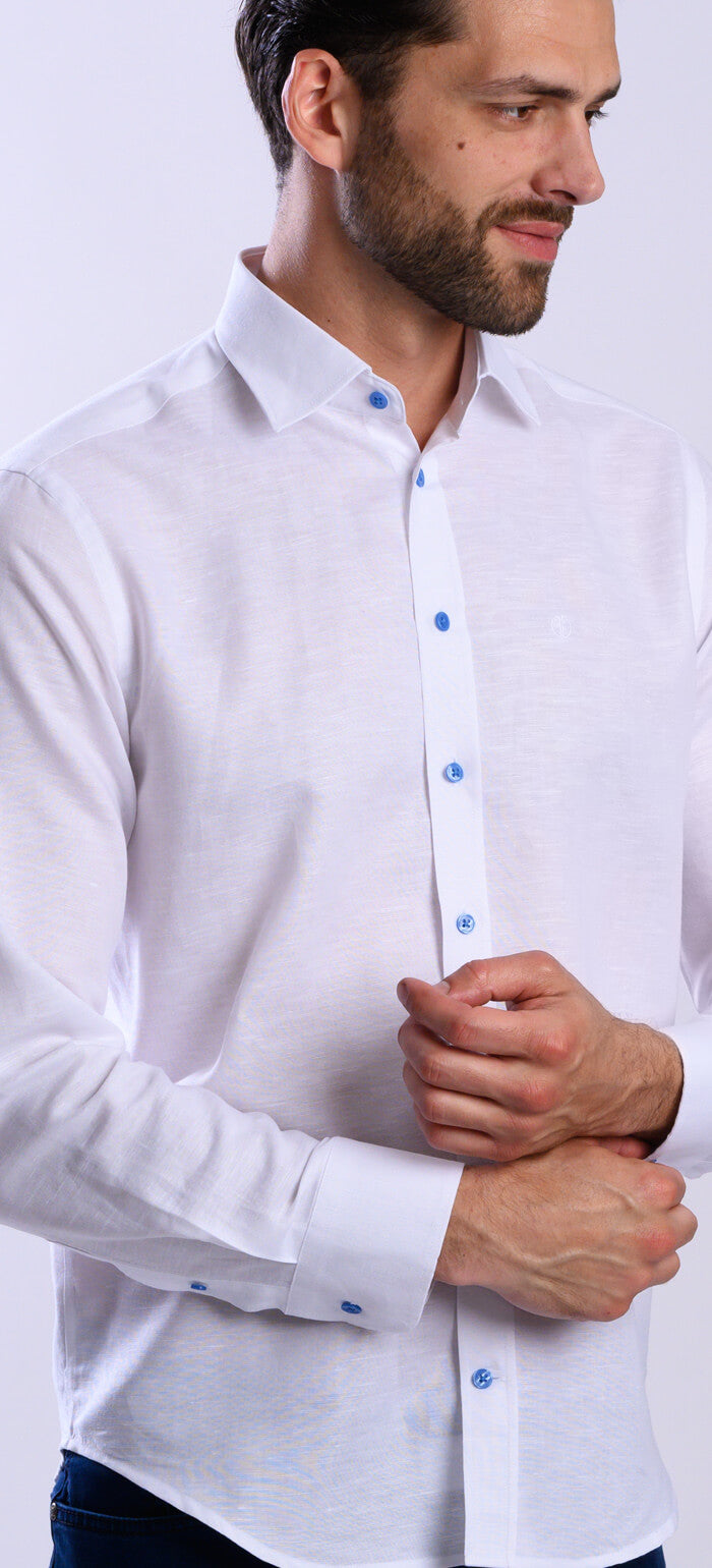 Biela ľanová Extra Slim Fit košeľa s modrými gombíkmi