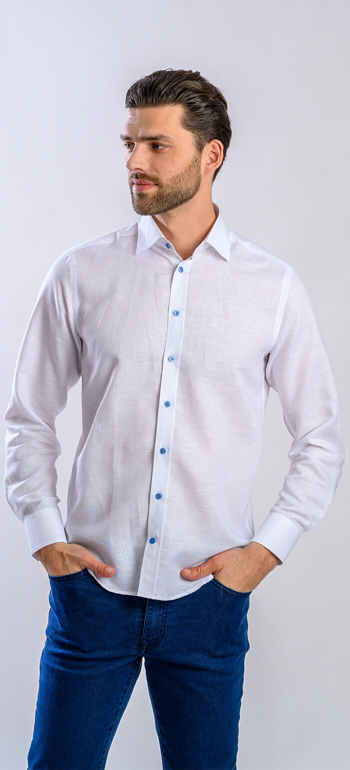 Biela ľanová Extra Slim Fit košeľa s modrými gombíkmi