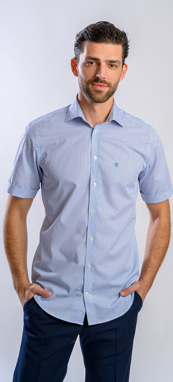 Biela Slim Fit košeľa s krátkym rukávom a modrým vzorom