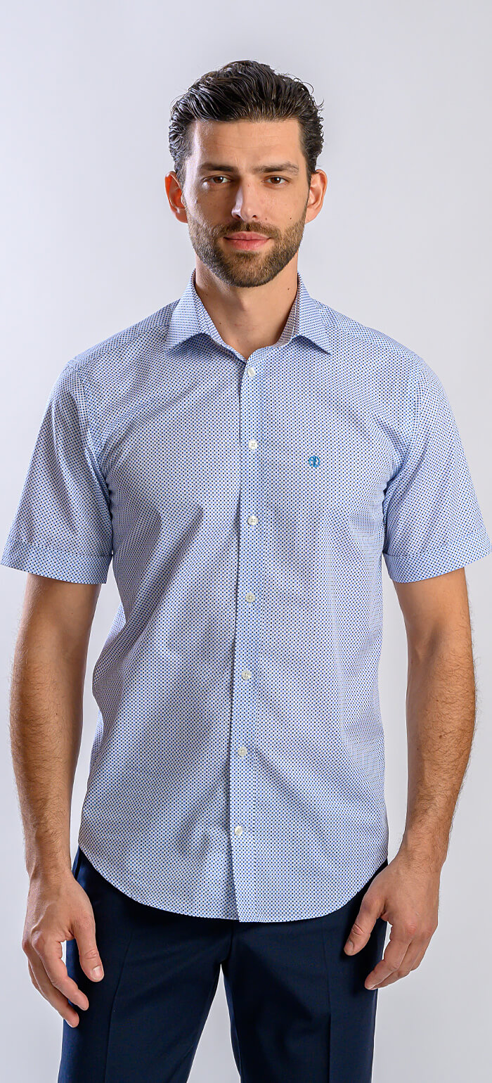 Biela Slim Fit košeľa s krátkym rukávom a modrým vzorom