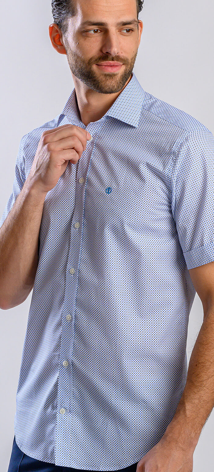 Biela Slim Fit košeľa s krátkym rukávom a modrým vzorom