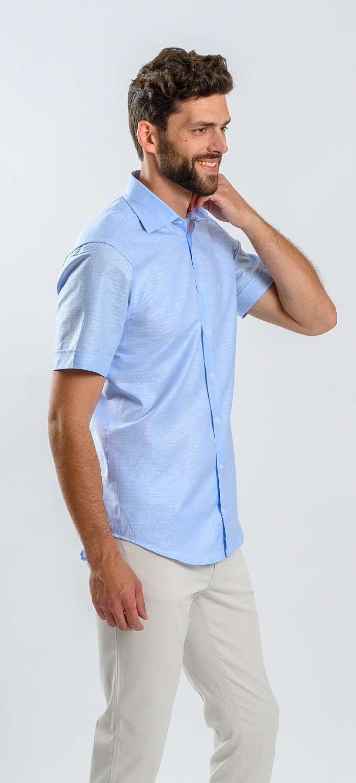 Bledomodrá vzorovaná ľanová Extra Slim Fit košeľa s krátkym rukávom