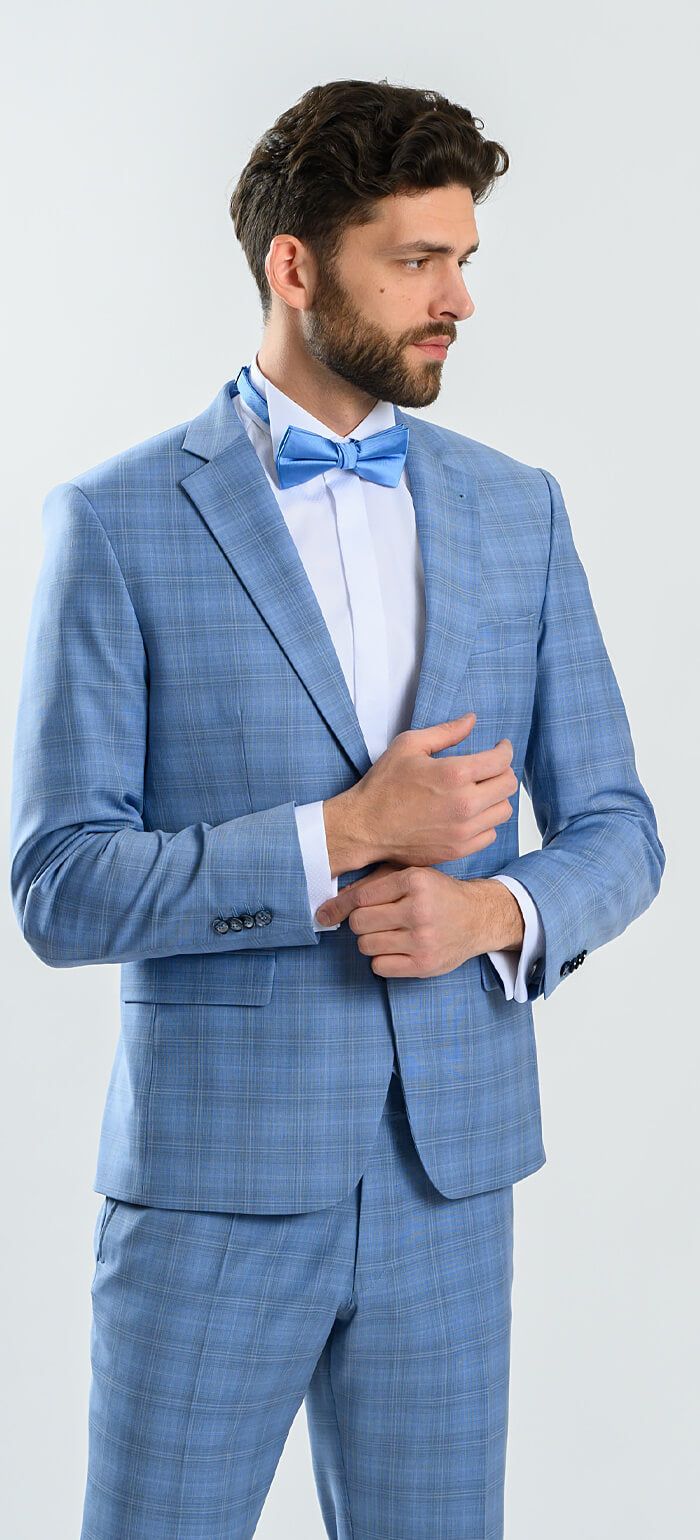 Bledomodrý károvaný svadobný Slim Fit oblek s vestou