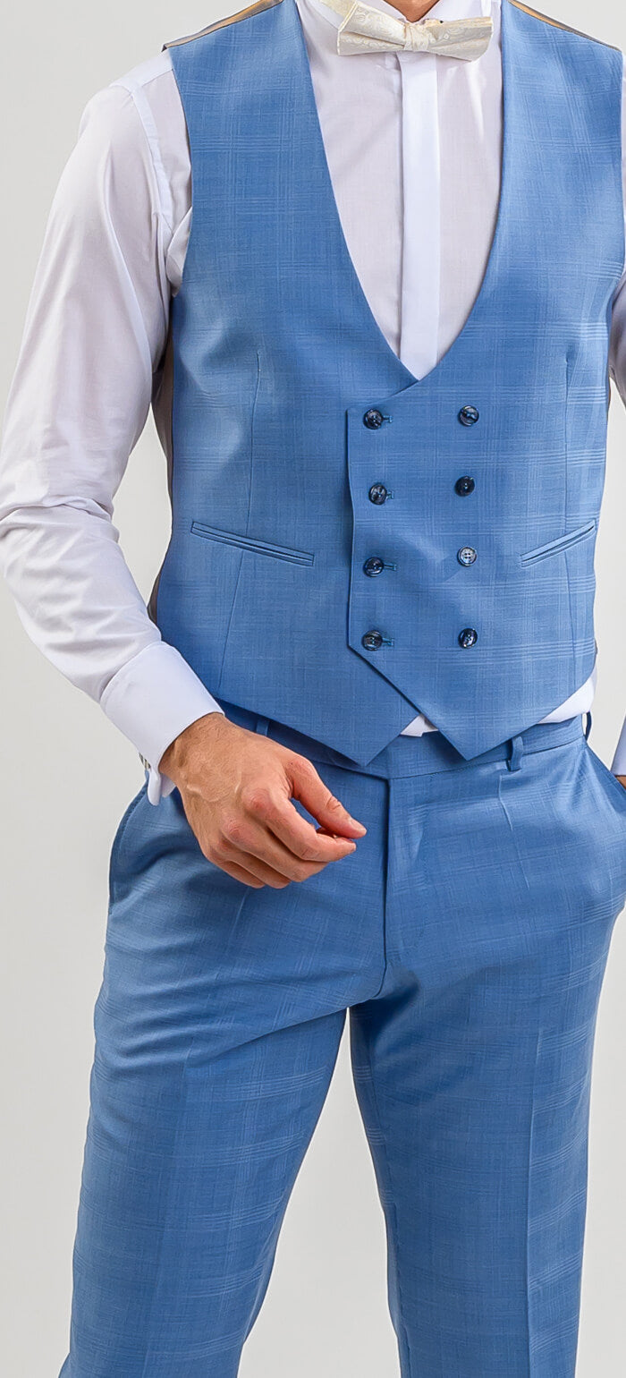 Bledomodrý svadobný Slim Fit oblek s vestou