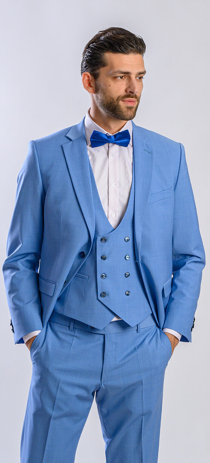 Bledomodrý svadobný Slim Fit oblek s vestou