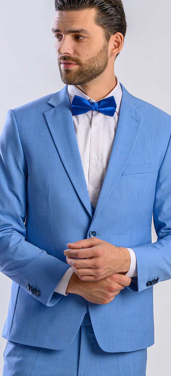 Bledomodrý svadobný Slim Fit oblek s vestou