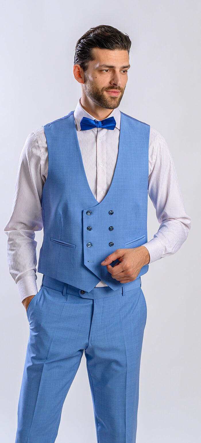 Bledomodrý svadobný Slim Fit oblek s vestou