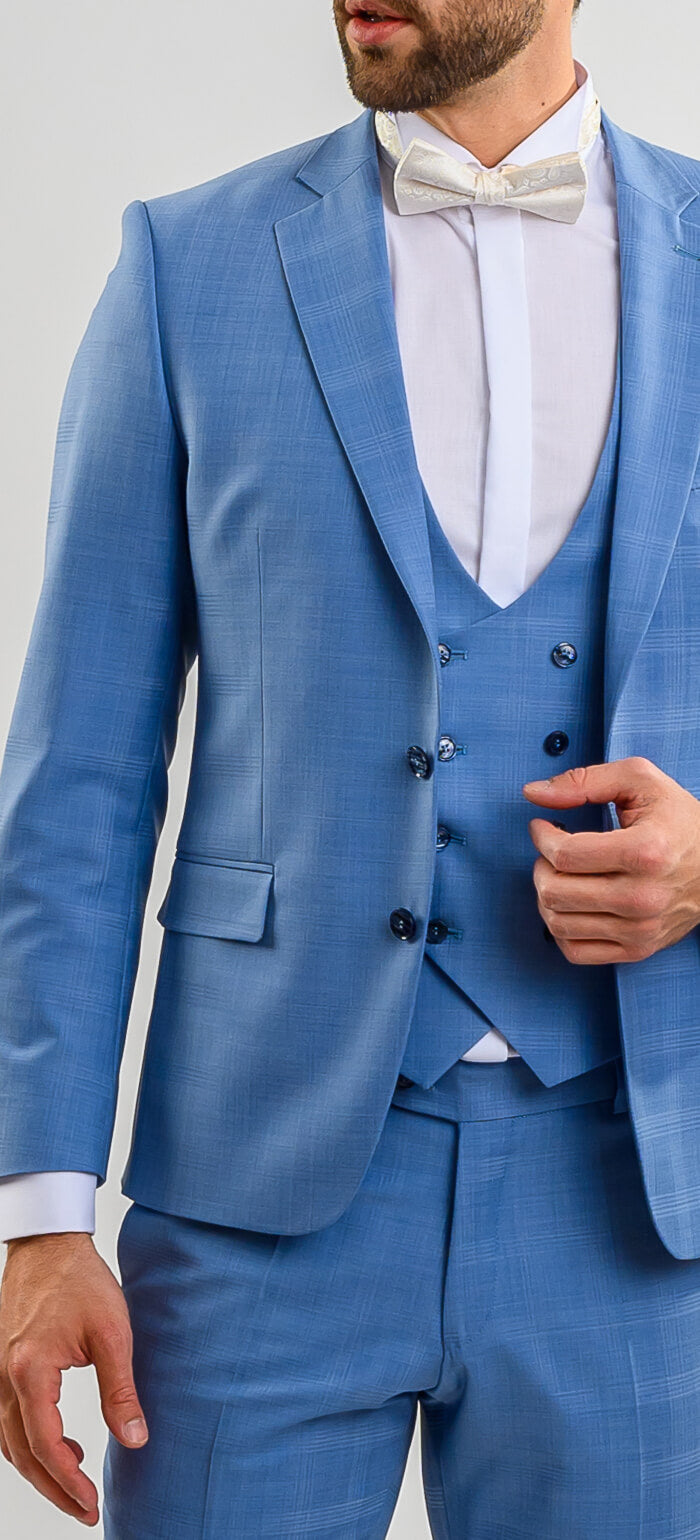 Bledomodrý svadobný Slim Fit oblek s vestou
