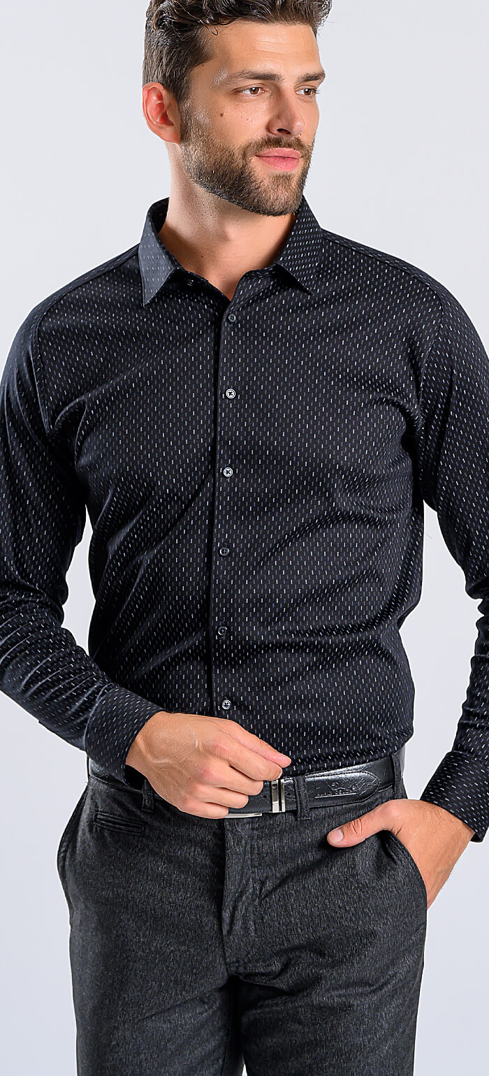 Čierna vzorovaná strečová Extra Slim Fit košeľa s nekrčivou úpravou