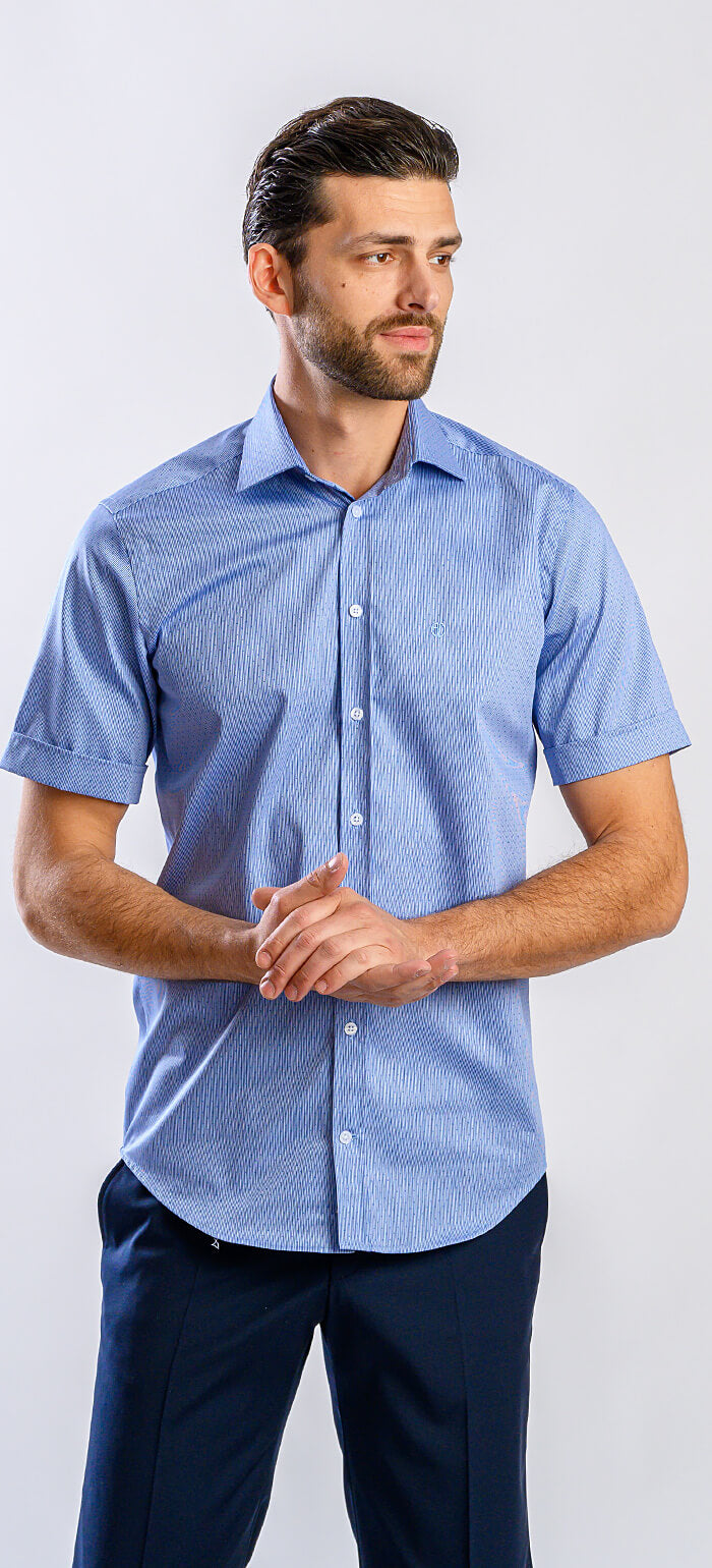 Modrá pásikavá Extra Slim Fit košeľa s krátkym rukávom a vzorom bodiek