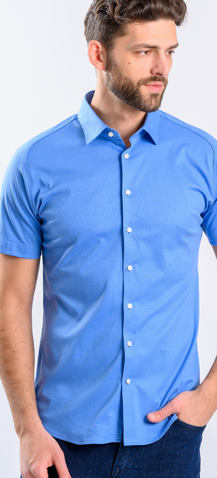 Modrá strečová Extra Slim Fit košeľa s krátkym rukávom