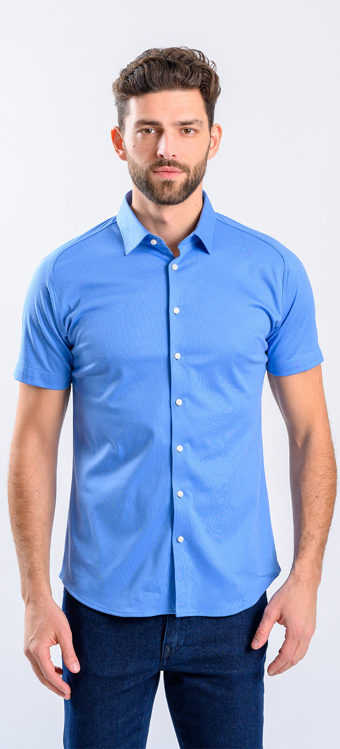 Modrá strečová Extra Slim Fit košeľa s krátkym rukávom