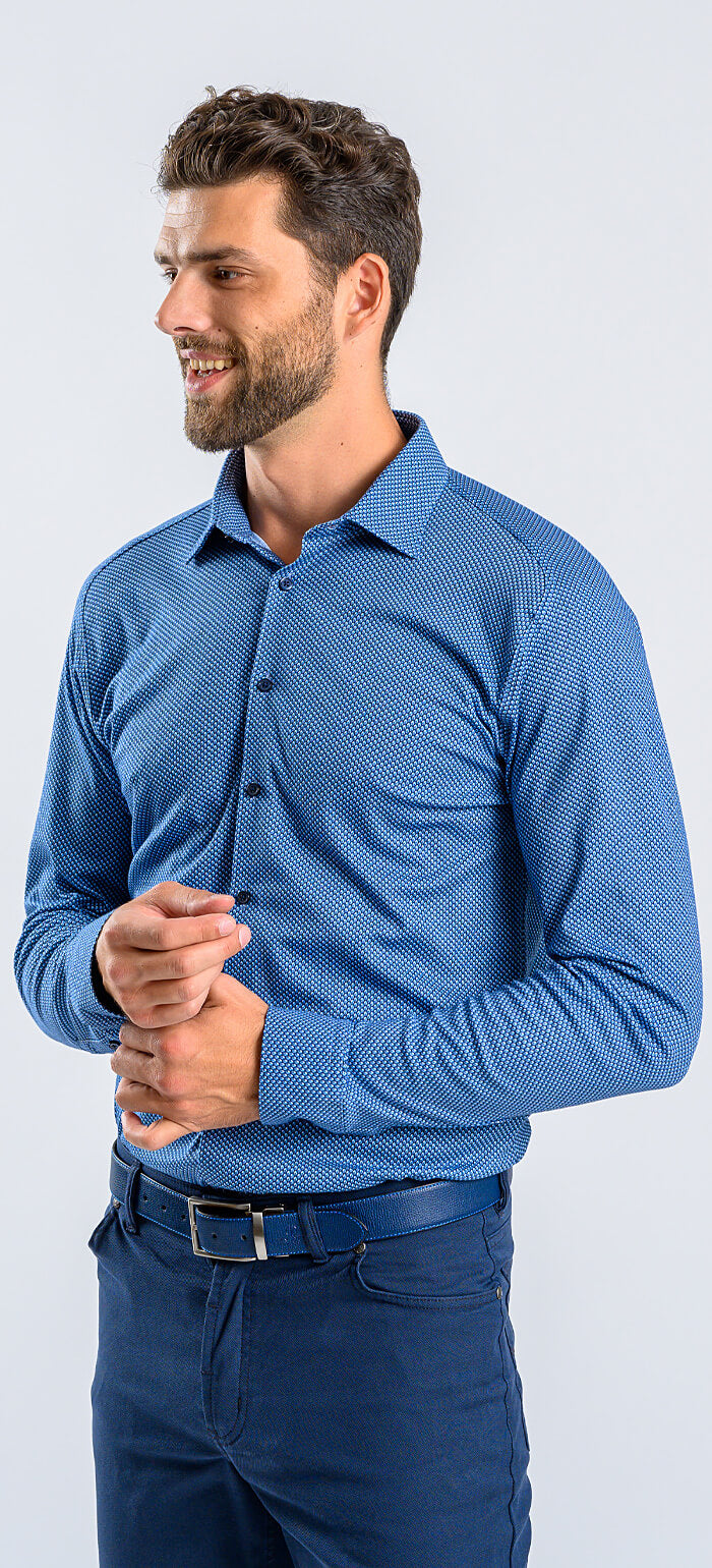 Modrá vzorovaná strečová Extra Slim Fit košeľa s nekrčivou úpravou