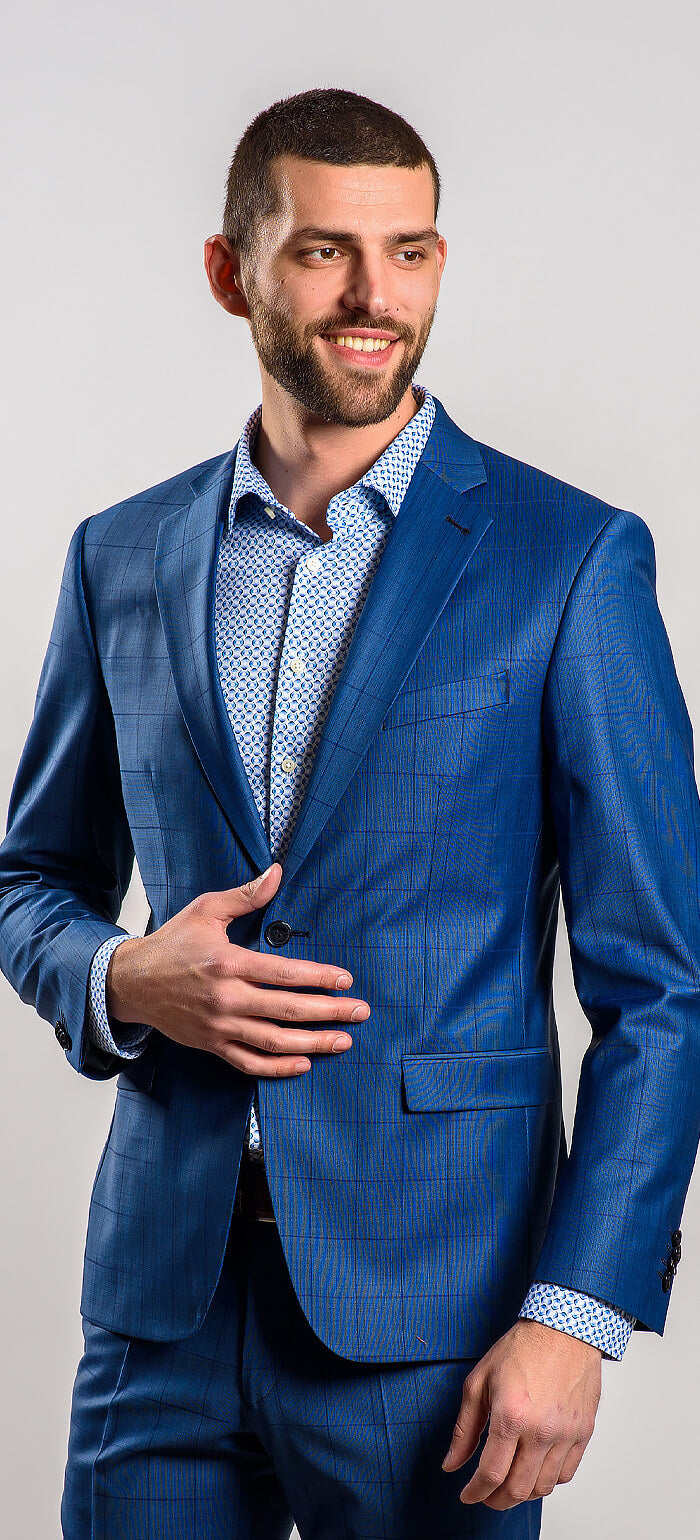 Modrý károvaný Slim fit oblek