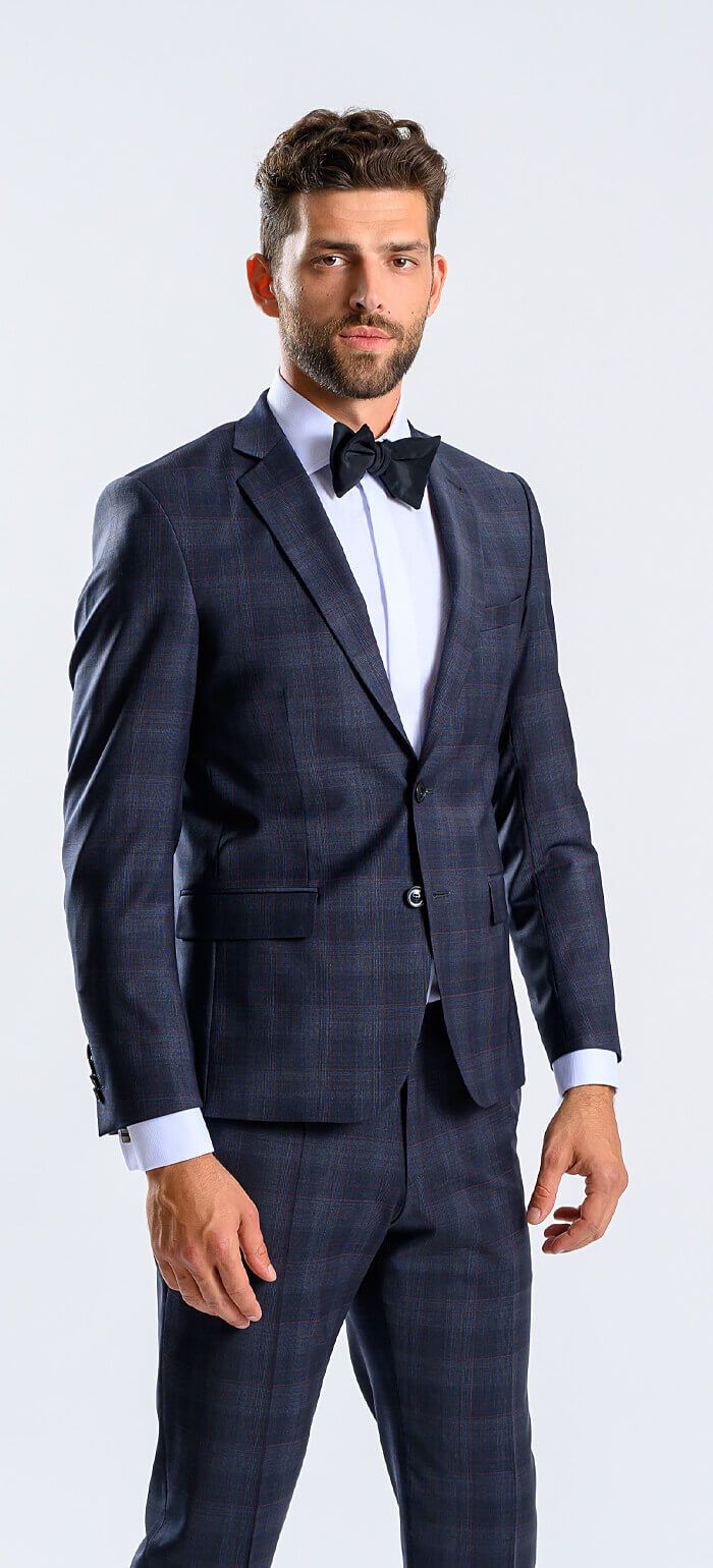 Modrý Slim fit oblek s bordovým károm XL veľkosti