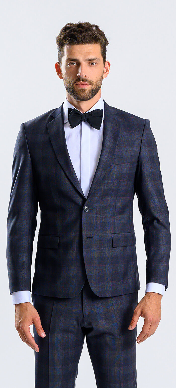 Modrý Slim fit oblek s bordovým károm XL veľkosti