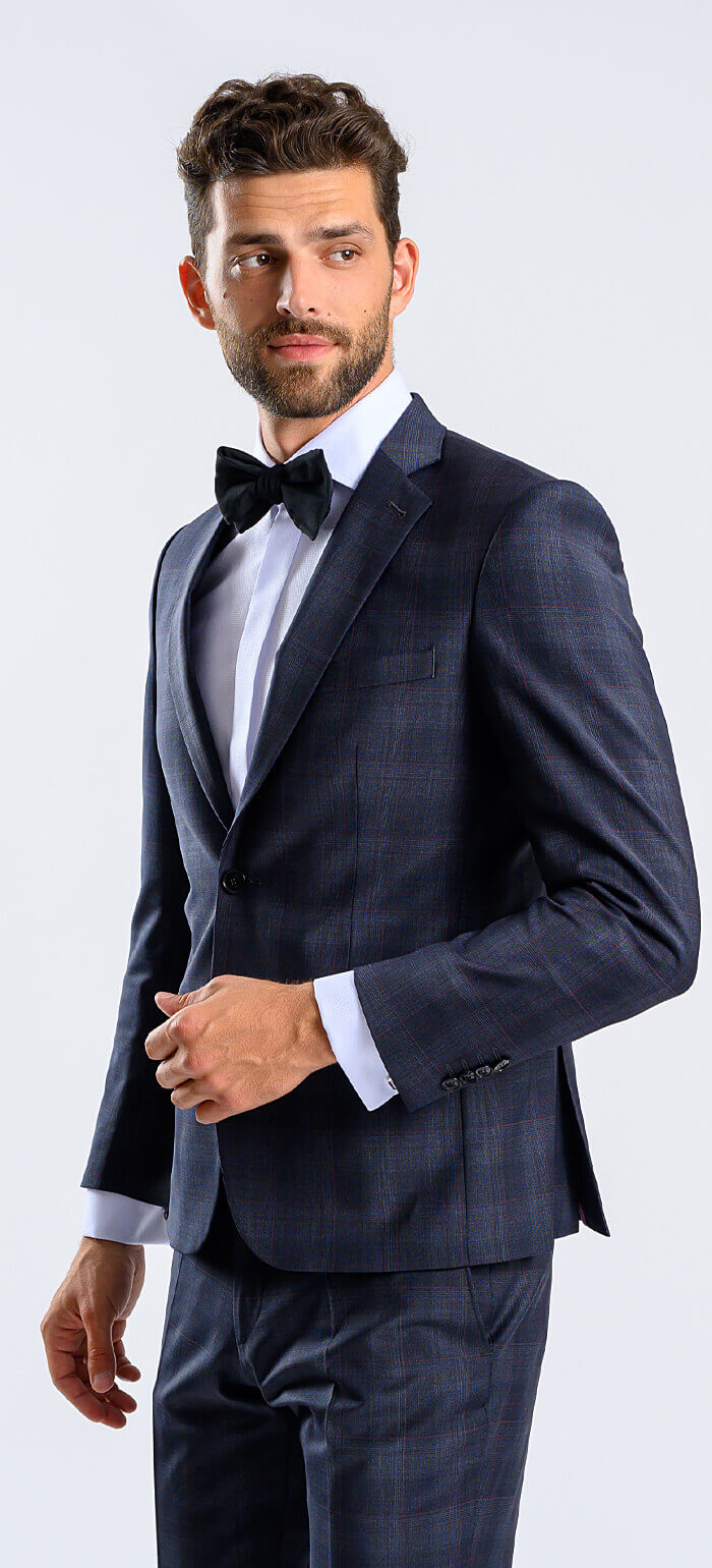 Modrý Slim fit oblek s bordovým károm