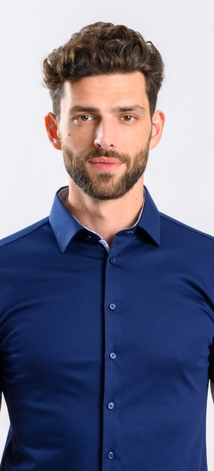 Tmavomodrá strečová Extra Slim Fit košeľa s krátkym rukávom