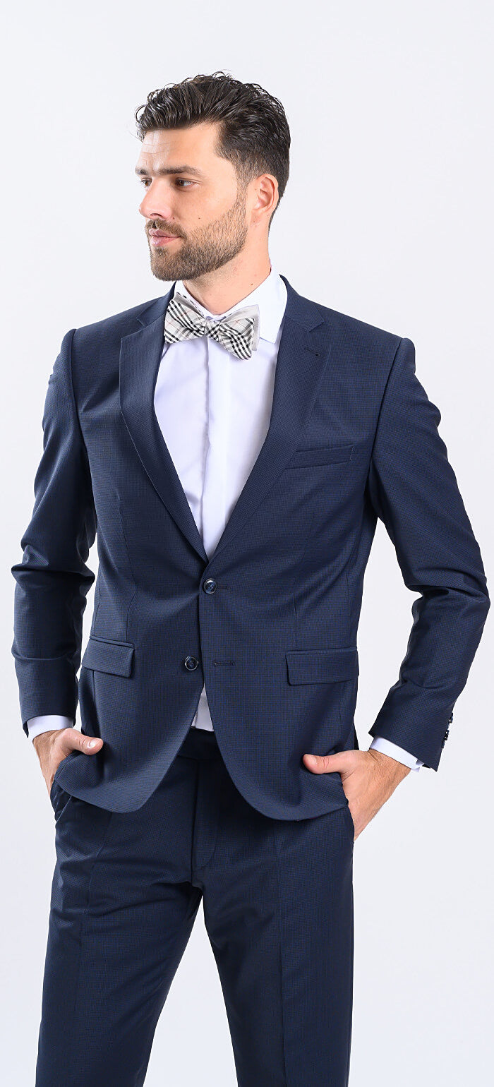 Tmavomodrý Slim Fit oblek s drobným károm