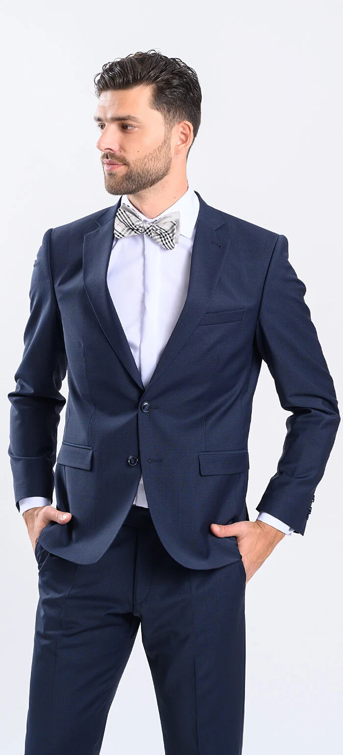Tmavomodrý Slim Fit oblek s drobným károm