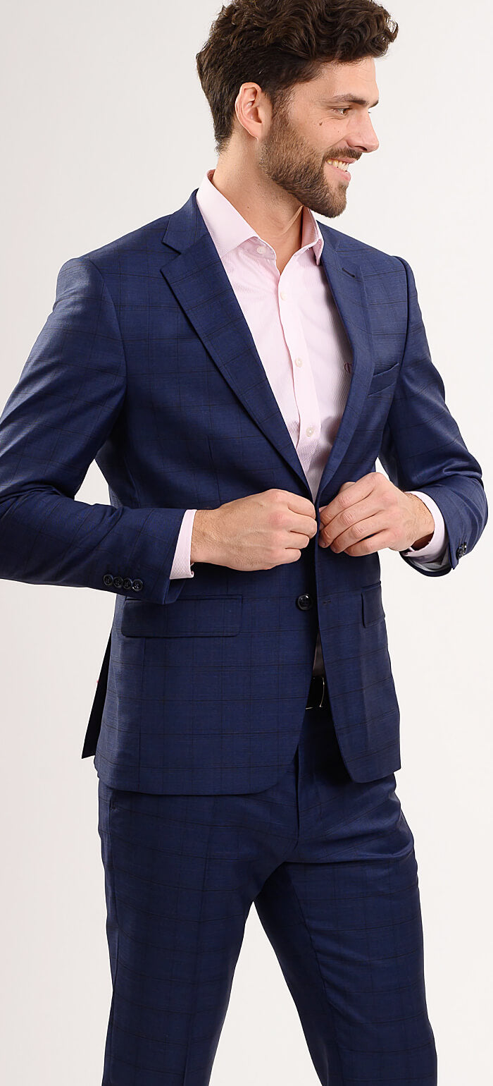 Tmavomodrý vlnený Slim Fit oblek s čiernym károm